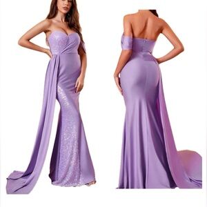 Faeriesty purple off-the-shoulder iridescent sequin sweetheart prom dress